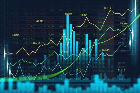 Stock market or forex trading graph with multiple colored lines and bar charts on a digital screen, representing financial data and market trends.