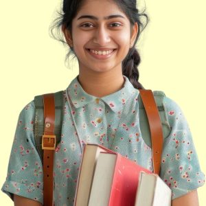 Smiling young female student with backpack and books against a light background.