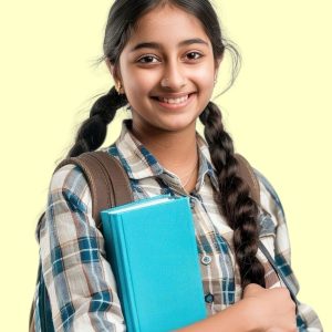 Smiling schoolgirl with braided hair holding a blue book and wearing a plaid shirt.