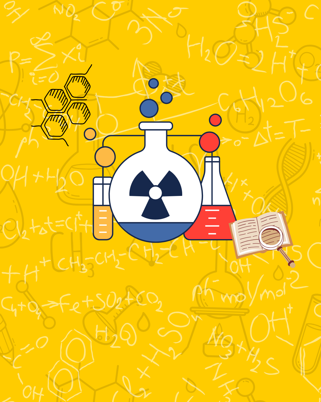 Scientific illustration of chemical flasks, a radioactive symbol, and lab elements over a yellow background filled with chemical formulas.