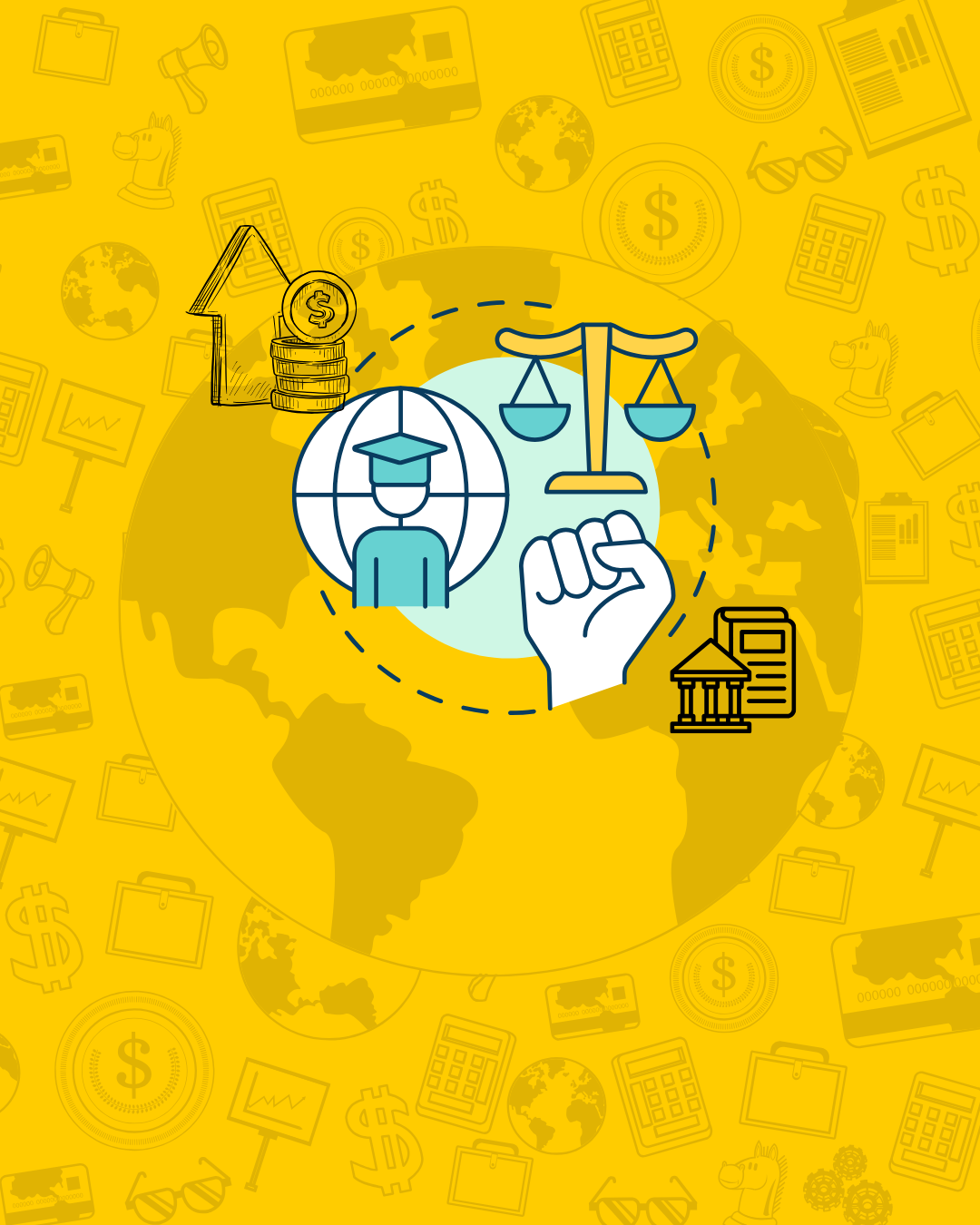 Icons representing education, justice, finance, empowerment, and governance over a yellow world map background.
