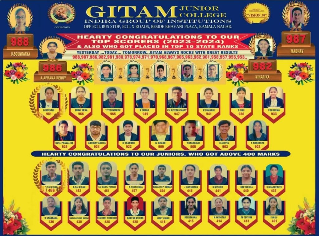 Group photo collage celebrating top academic performers from Gitam Junior College (Indira Group of Institutions) for the 2023–2024 academic year.