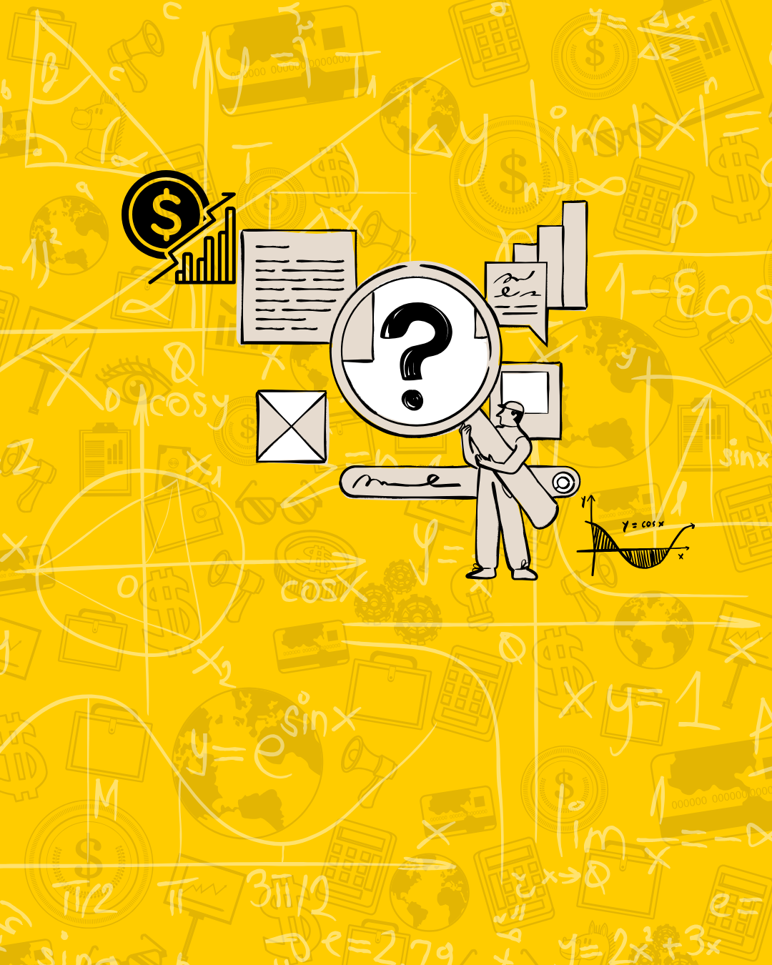 Alternative Text (Alt Text): Illustration of a person analyzing data with a magnifying glass, surrounded by financial and mathematical symbols on a yellow background.