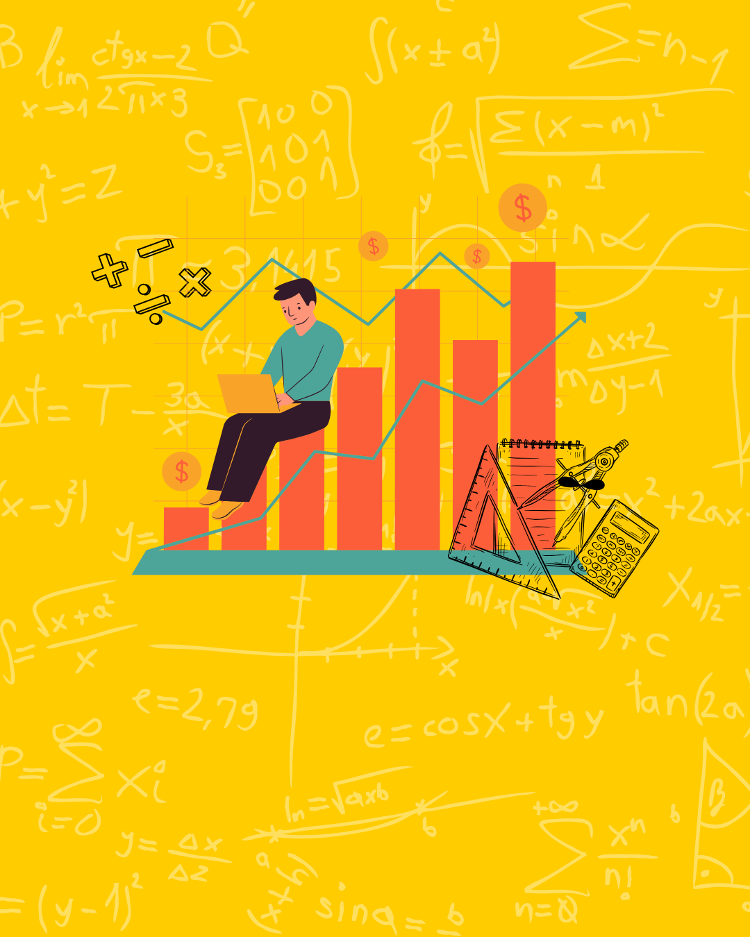 A student sitting on a bar graph with mathematical and statistical symbols in a yellow background filled with equations and formulas.